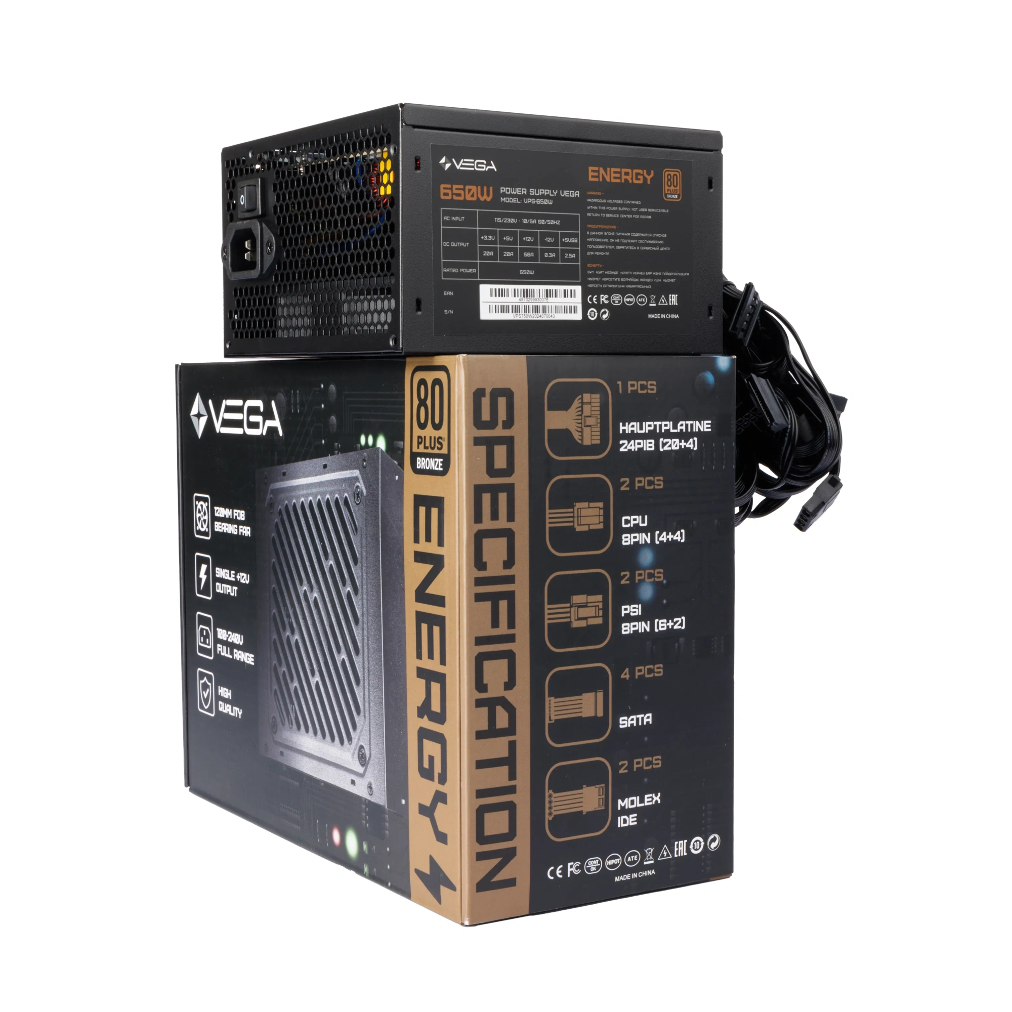 Блок питания Vega ENERGY (VPS-650W) [650 Вт, 80 PLUS Bronze, 4x SATA, 2x 6+2 pin PCIe, 2x 4+4 pin CPU, ATX]
