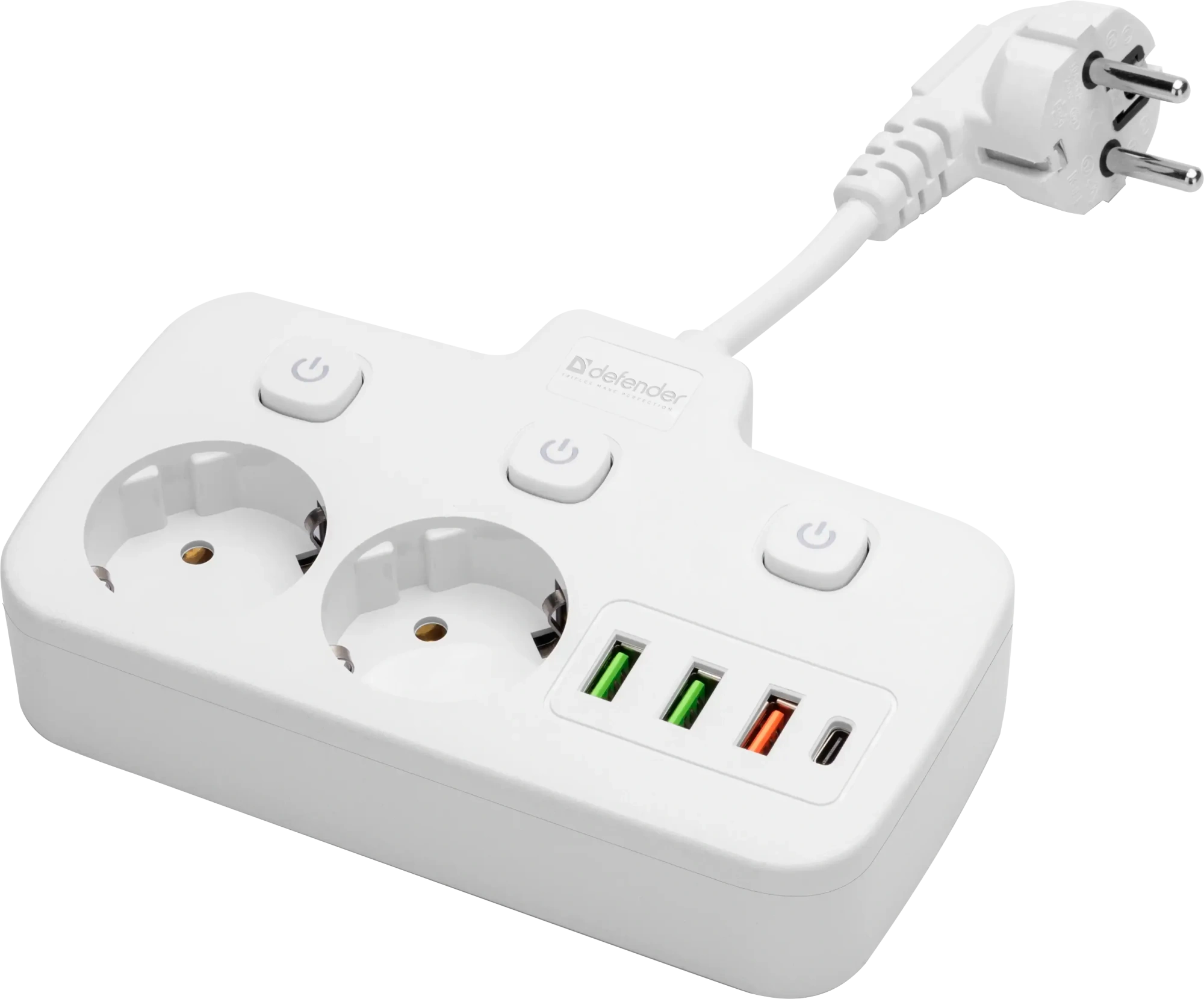 Удлинитель Defender без заземления R240 (99295) 0.2м, 2 розетки, 3xUSB, 1xType-C, белый