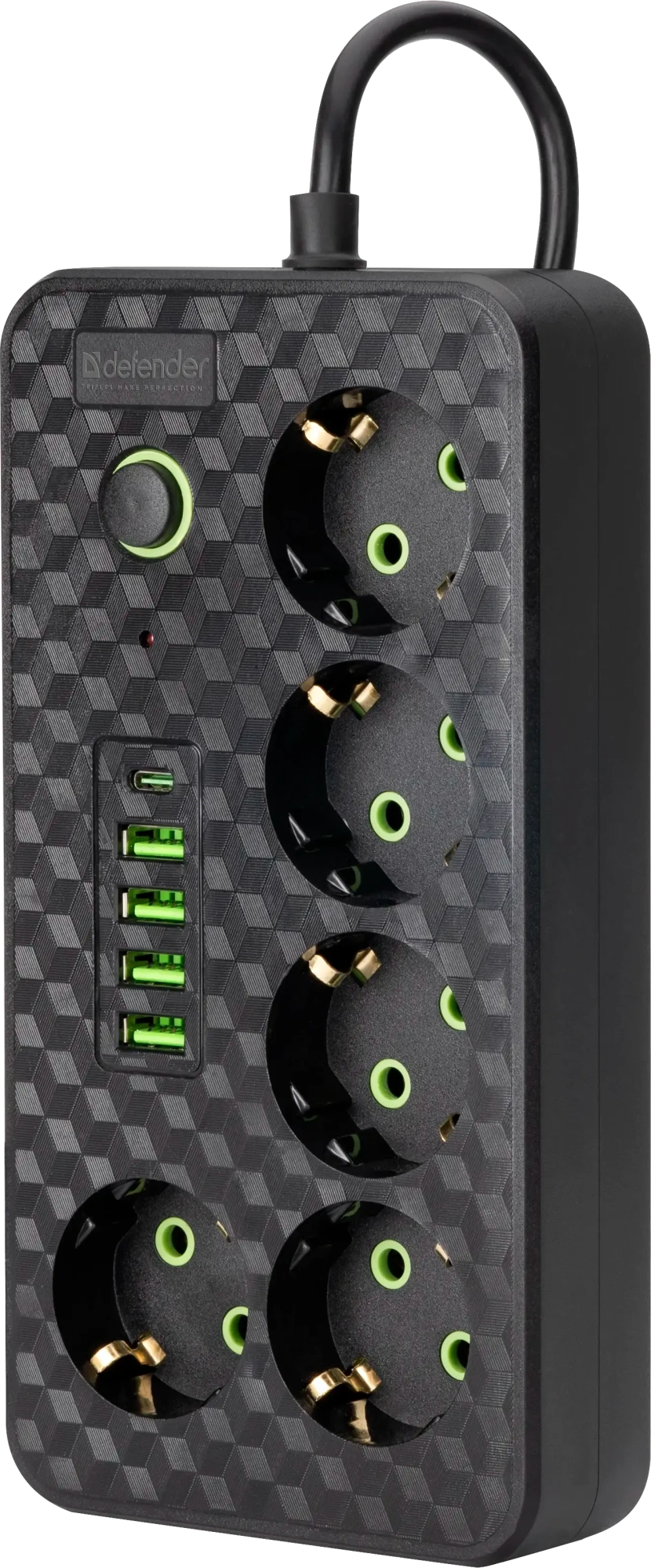 Удлинитель Defender без заземления R218 (99292) 3 м, 5 розеток, 4xUSB, 1xType-C, черный