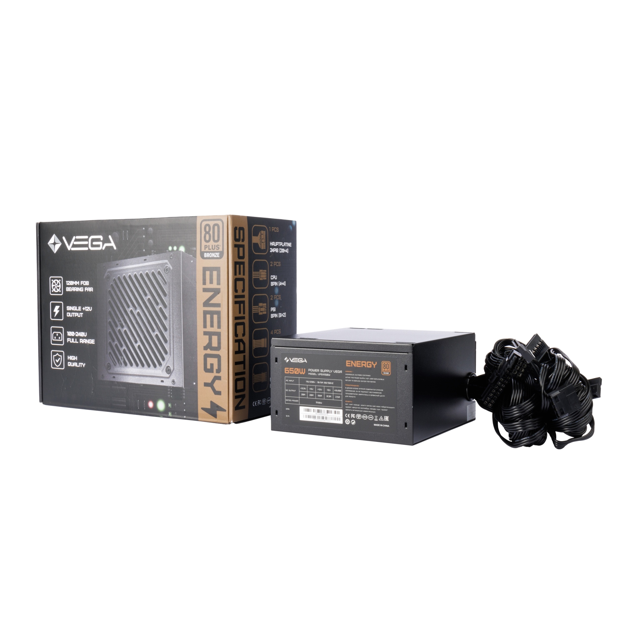 Блок питания Vega ENERGY (VPS-650W) [650 Вт, 80 PLUS Bronze, 4x SATA, 2x 6+2 pin PCIe, 2x 4+4 pin CPU, ATX]