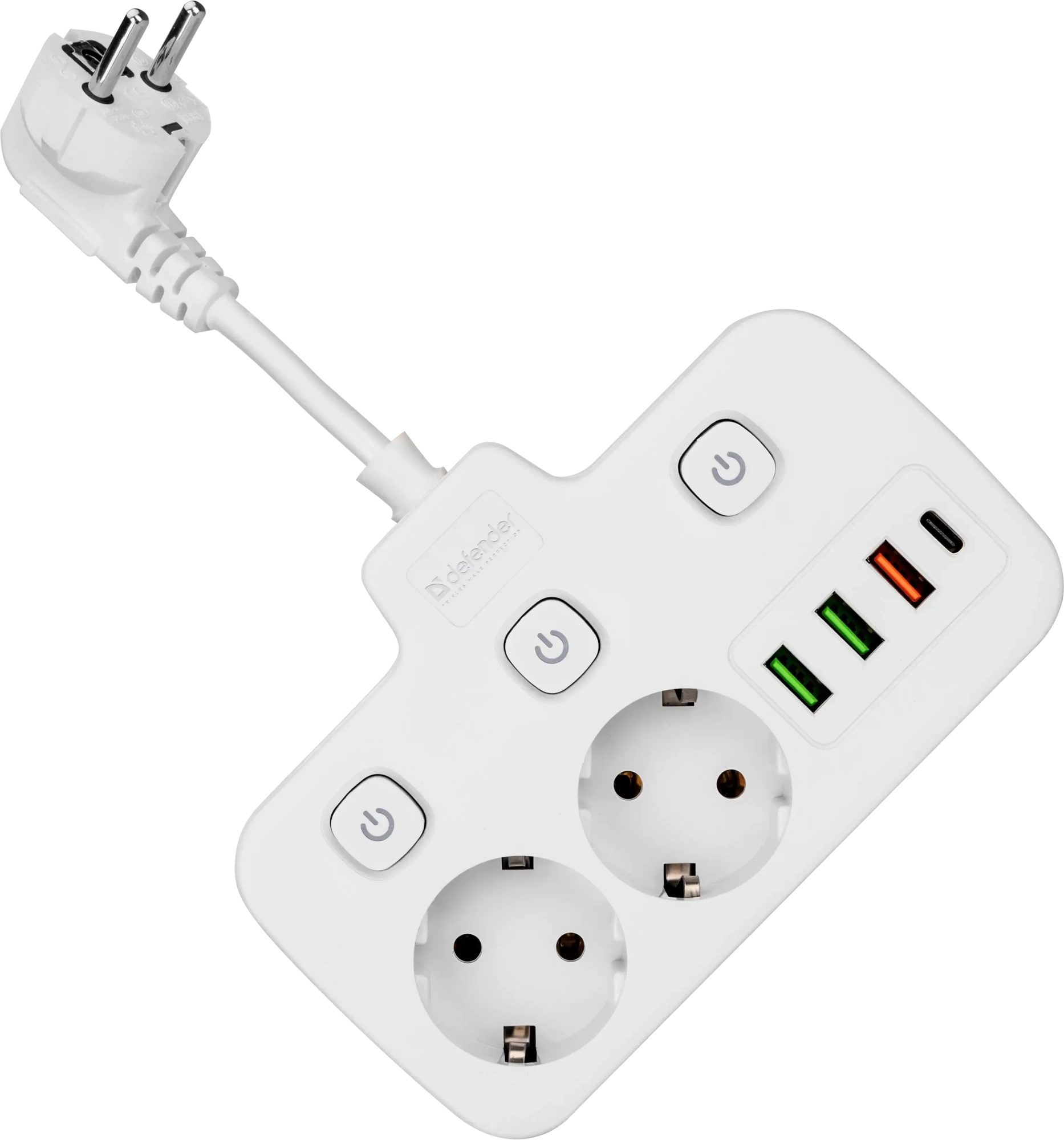 Удлинитель Defender без заземления R240 (99295) 0.2м, 2 розетки, 3xUSB, 1xType-C, белый