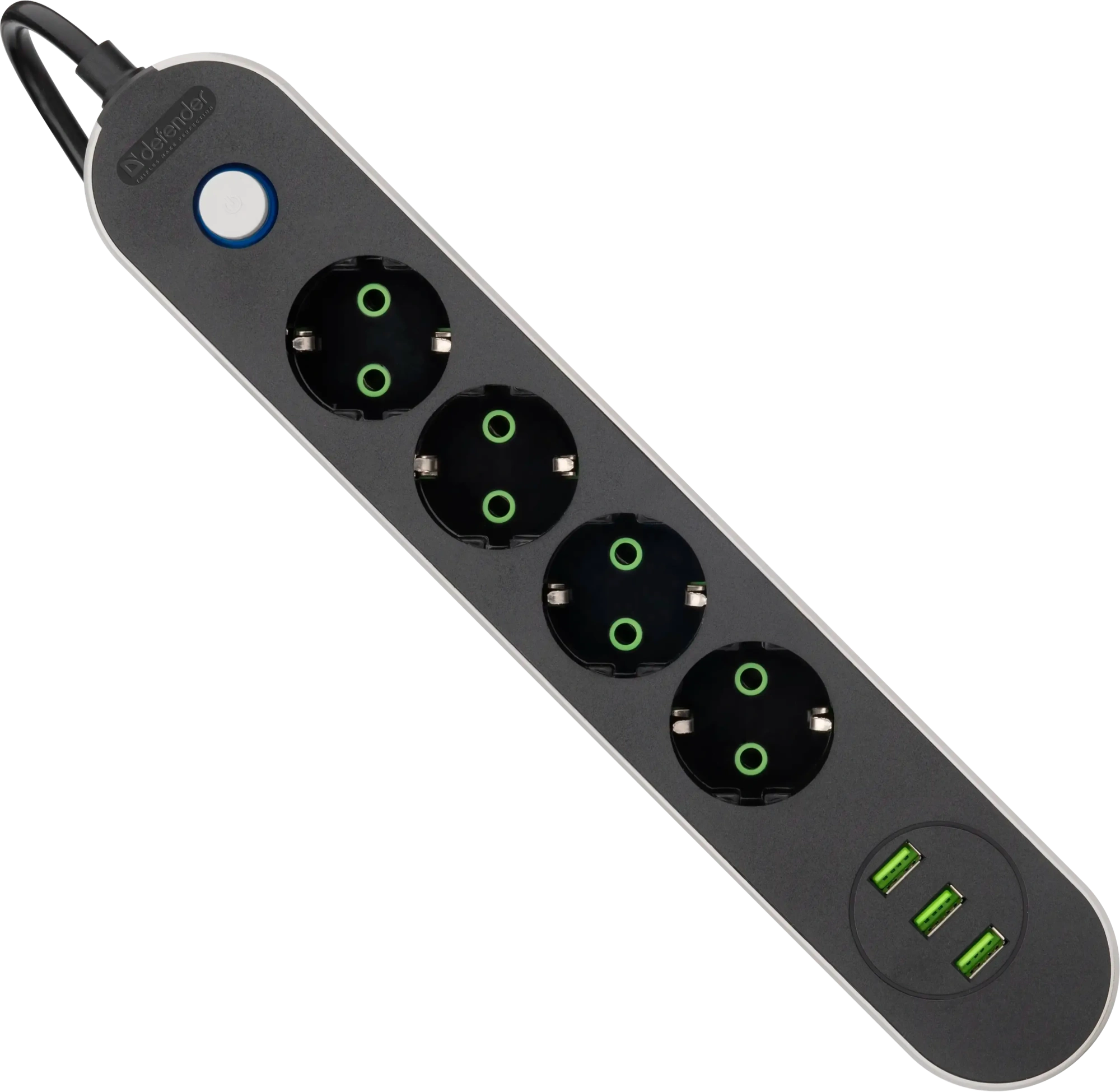 Удлинитель Defender без заземления R210 (99290) 3 м, 4 розетки, 3xUSB, черный