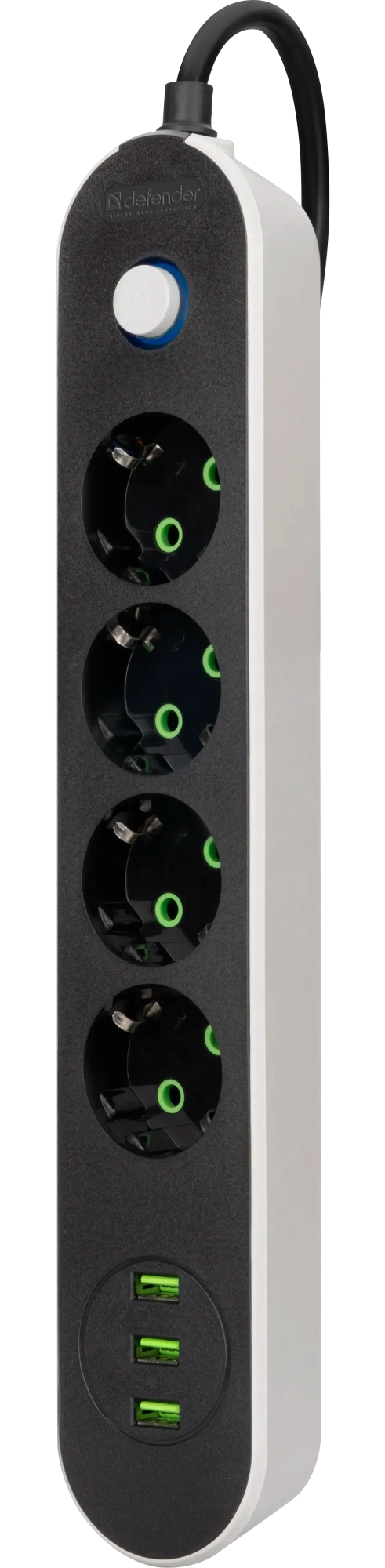 Удлинитель Defender без заземления R210 (99290) 3 м, 4 розетки, 3xUSB, черный