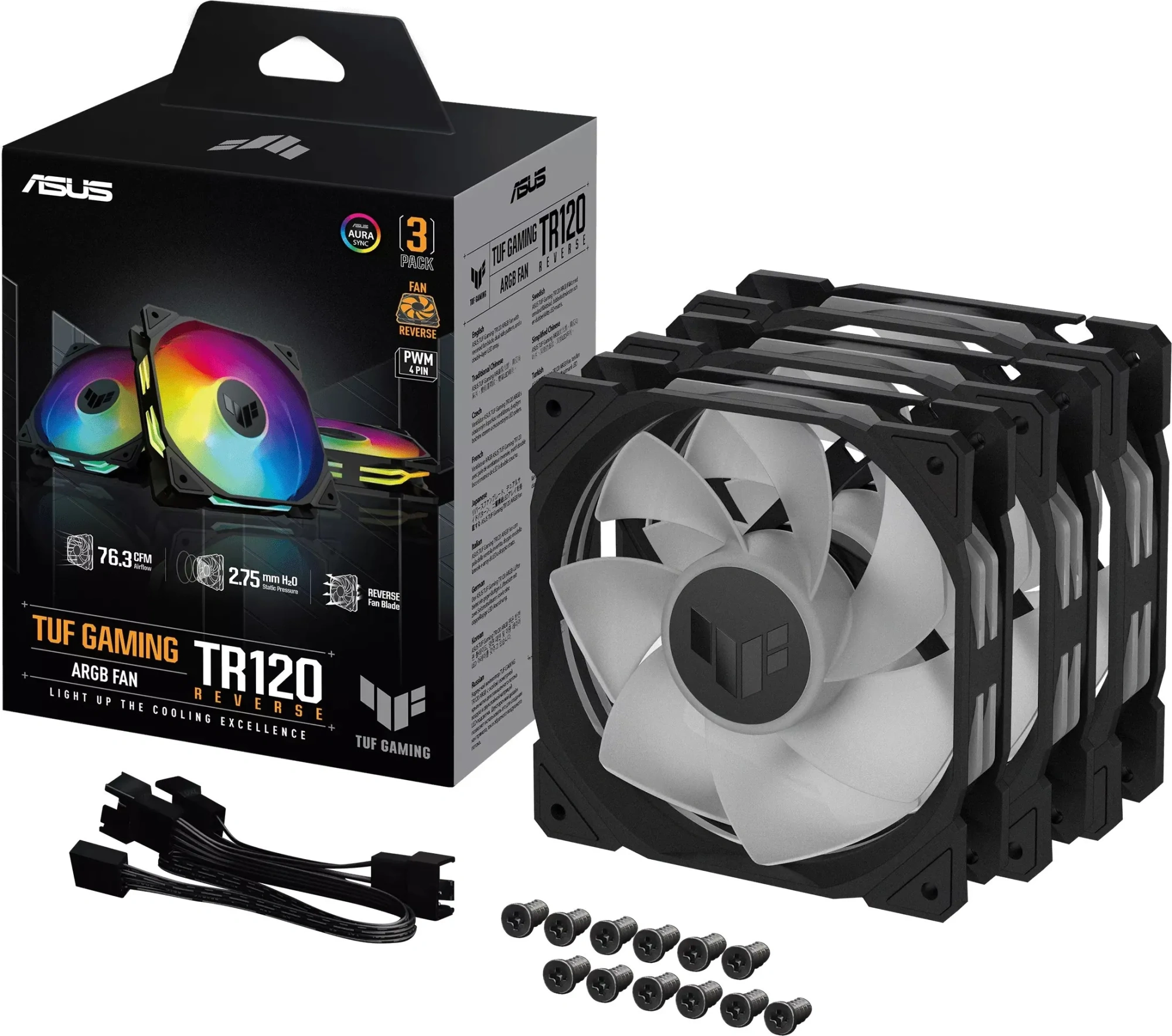 Комплект вентиляторов для корпуса Asus TUF Gaming TR120 ARGB Reverse Fan [120 мм, 2000 об/мин, 76.3 CFM, 29 дБ, PWM]