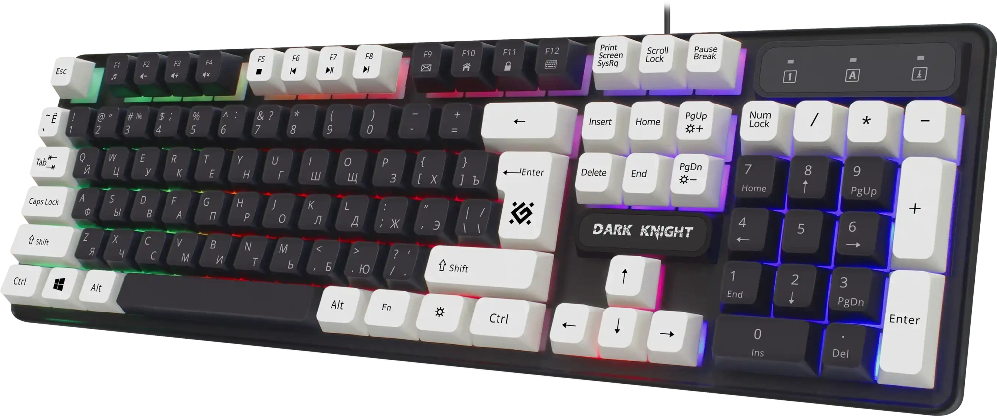 Клавиатура Defender Dark Knight GK-077 RU (45077) [мембранная, проводная, RGB подсветка, черная / белая]