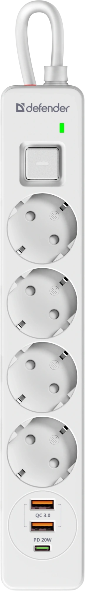 Сетевой фильтр Defender DFS 141 - 1,5 М, 4 розеток, 2xUSB, 1xType-C, белый